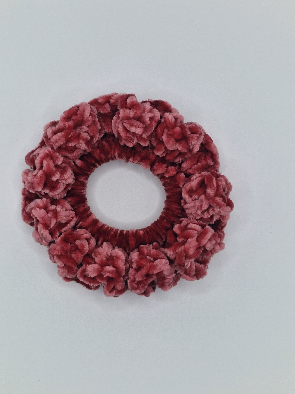 Crochet Velvet Scrunchie: Bernat Yarn Velvet POMEGRANAT Hair Tie