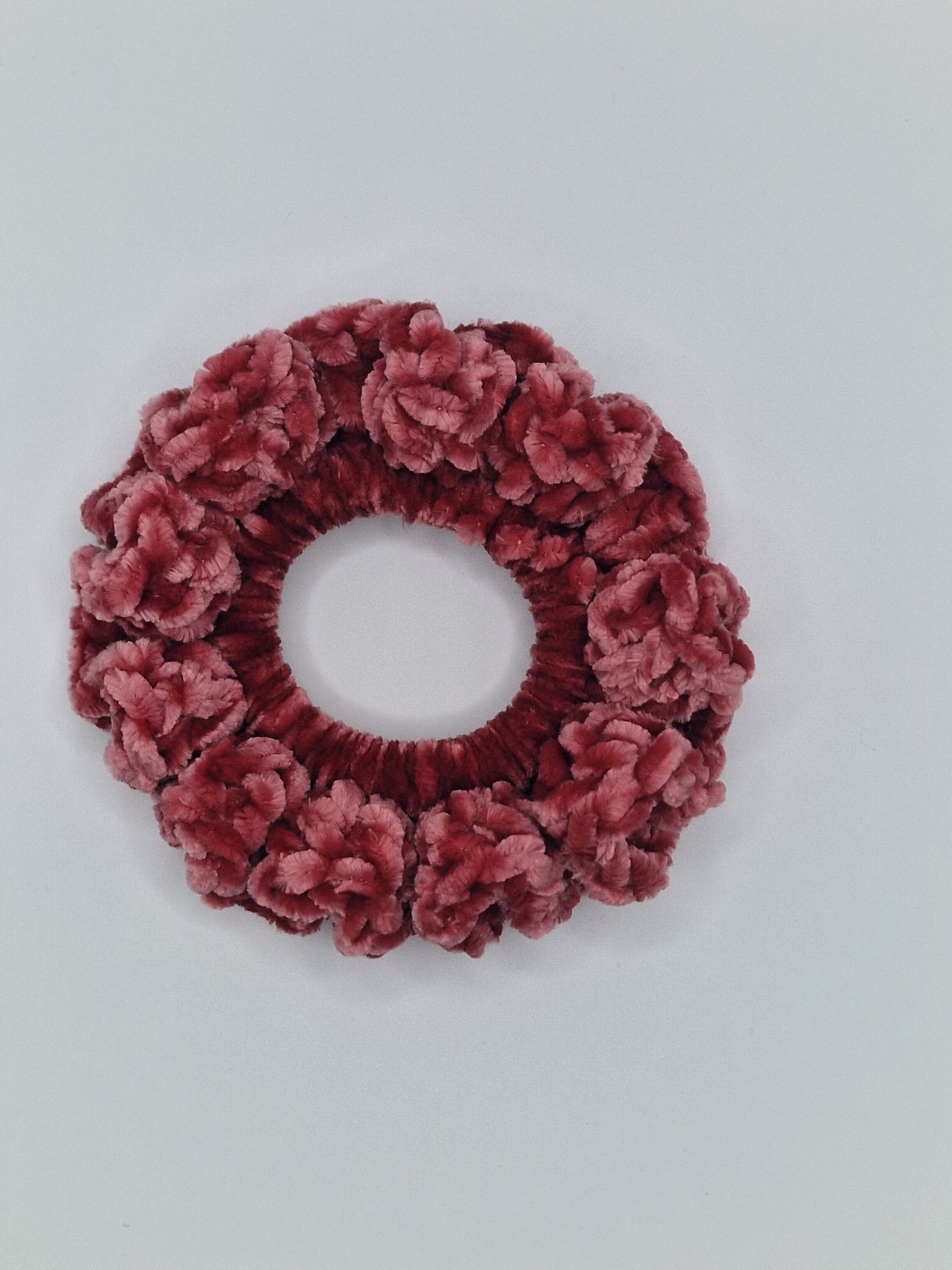 Crochet Velvet Scrunchie: Bernat Yarn Velvet POMEGRANAT Hair Tie