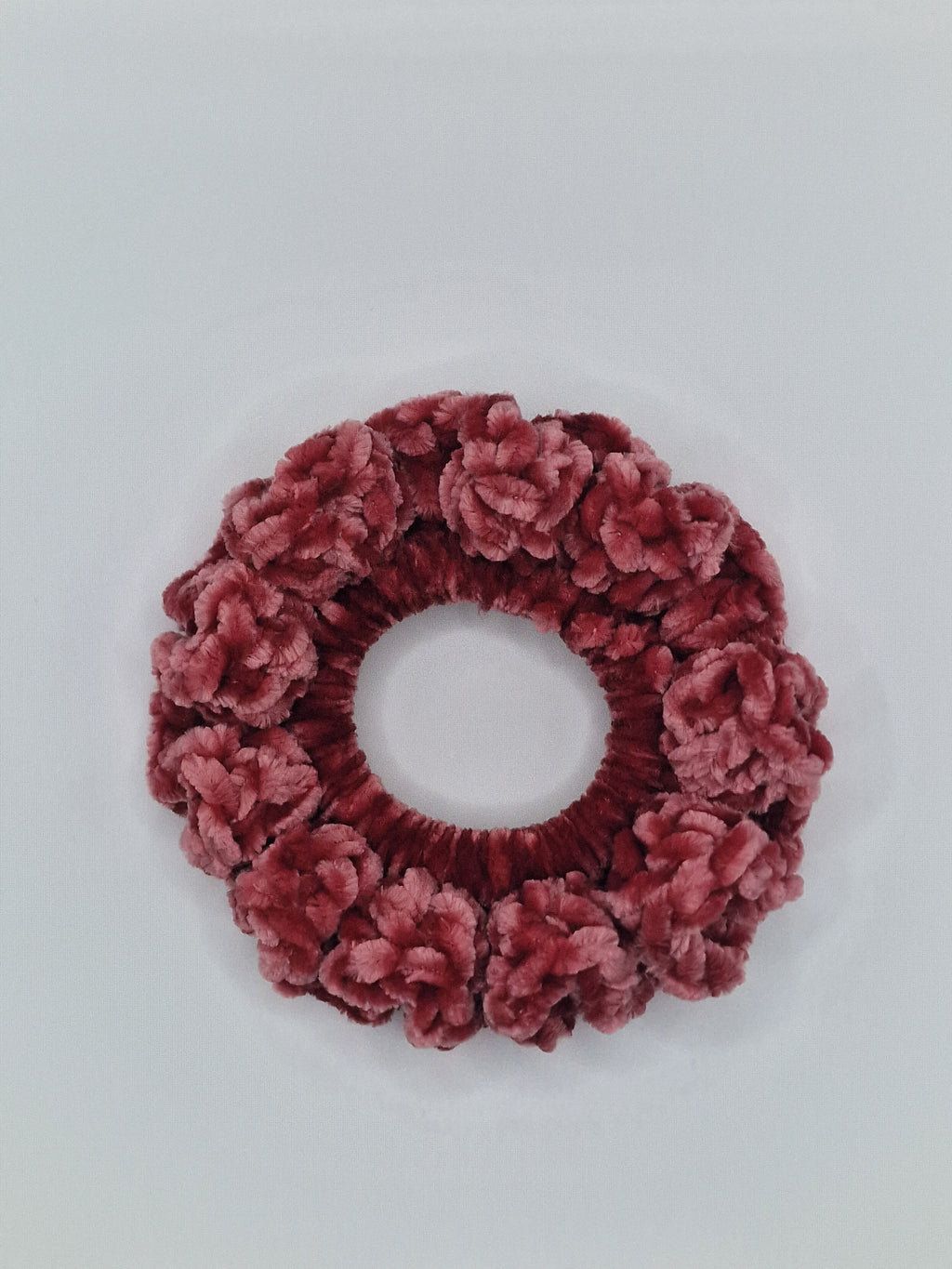Crochet Velvet Scrunchie: Bernat Yarn Velvet POMEGRANAT Hair Tie