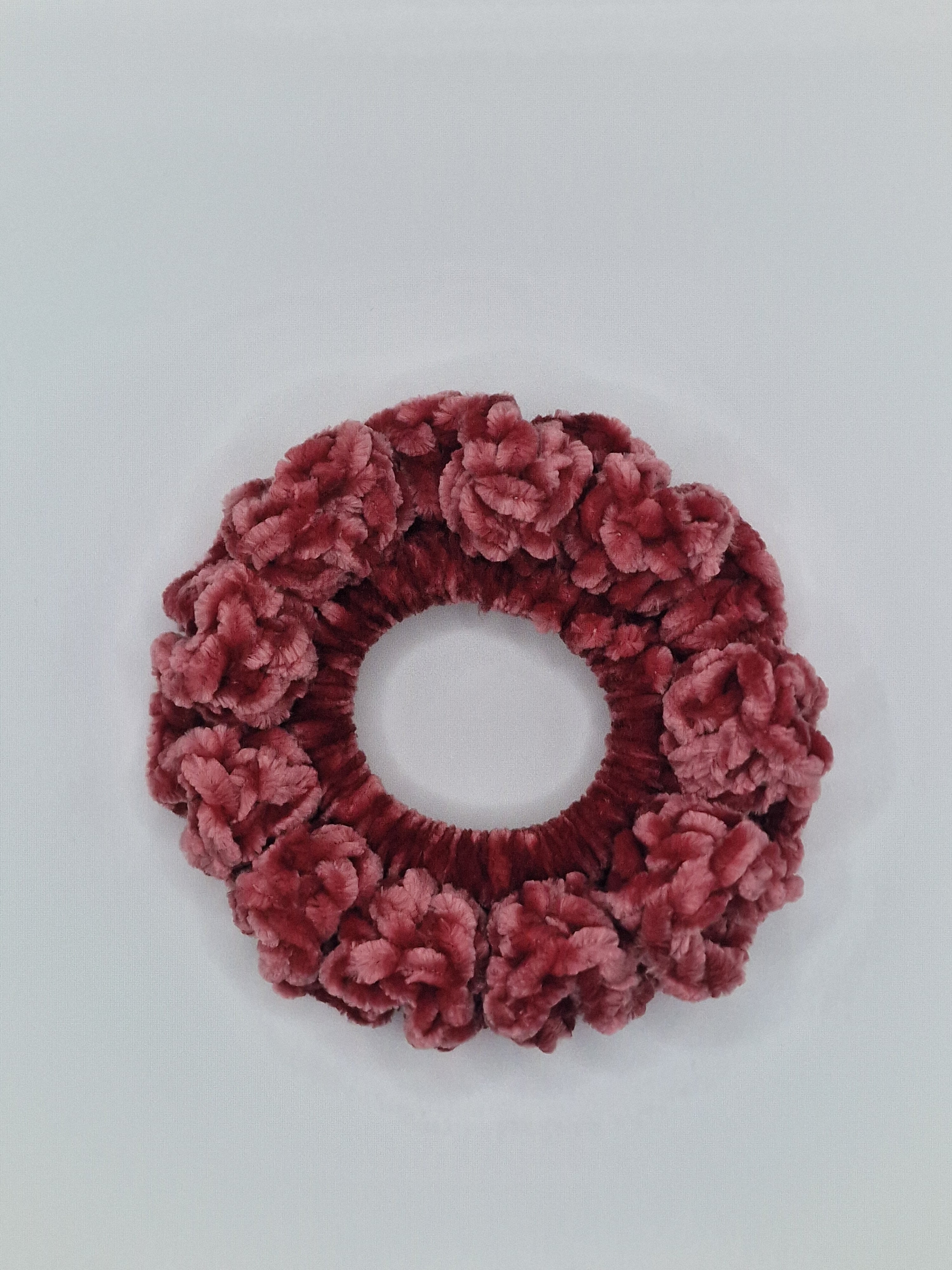 Crochet Velvet Scrunchie: Bernat Yarn Velvet POMEGRANAT Hair Tie