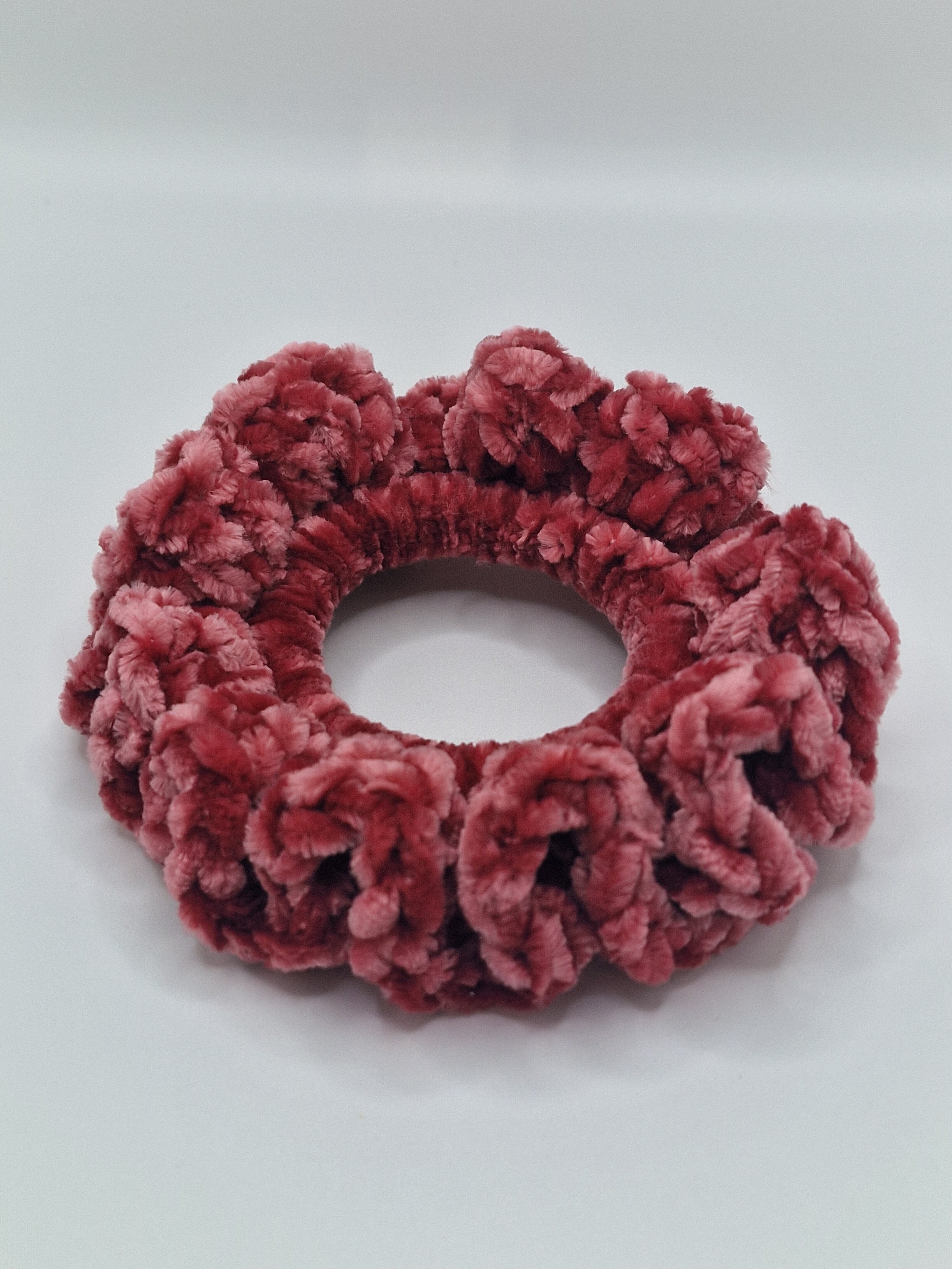 Crochet Velvet Scrunchie: Bernat Yarn Velvet POMEGRANAT Hair Tie