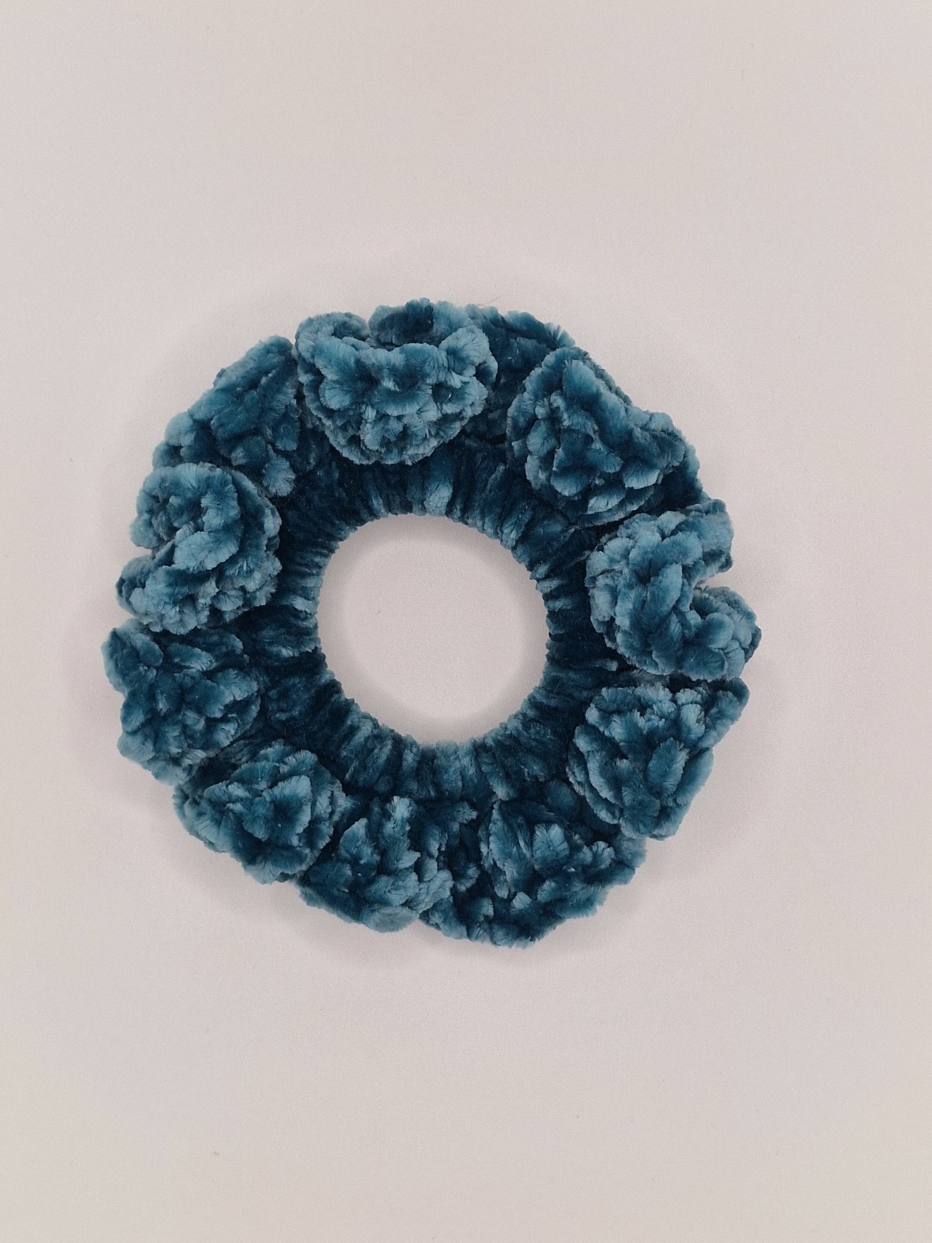 Crochet Velvet Scrunchie: Bernat Velvet Yarn, Pine Hair Tie