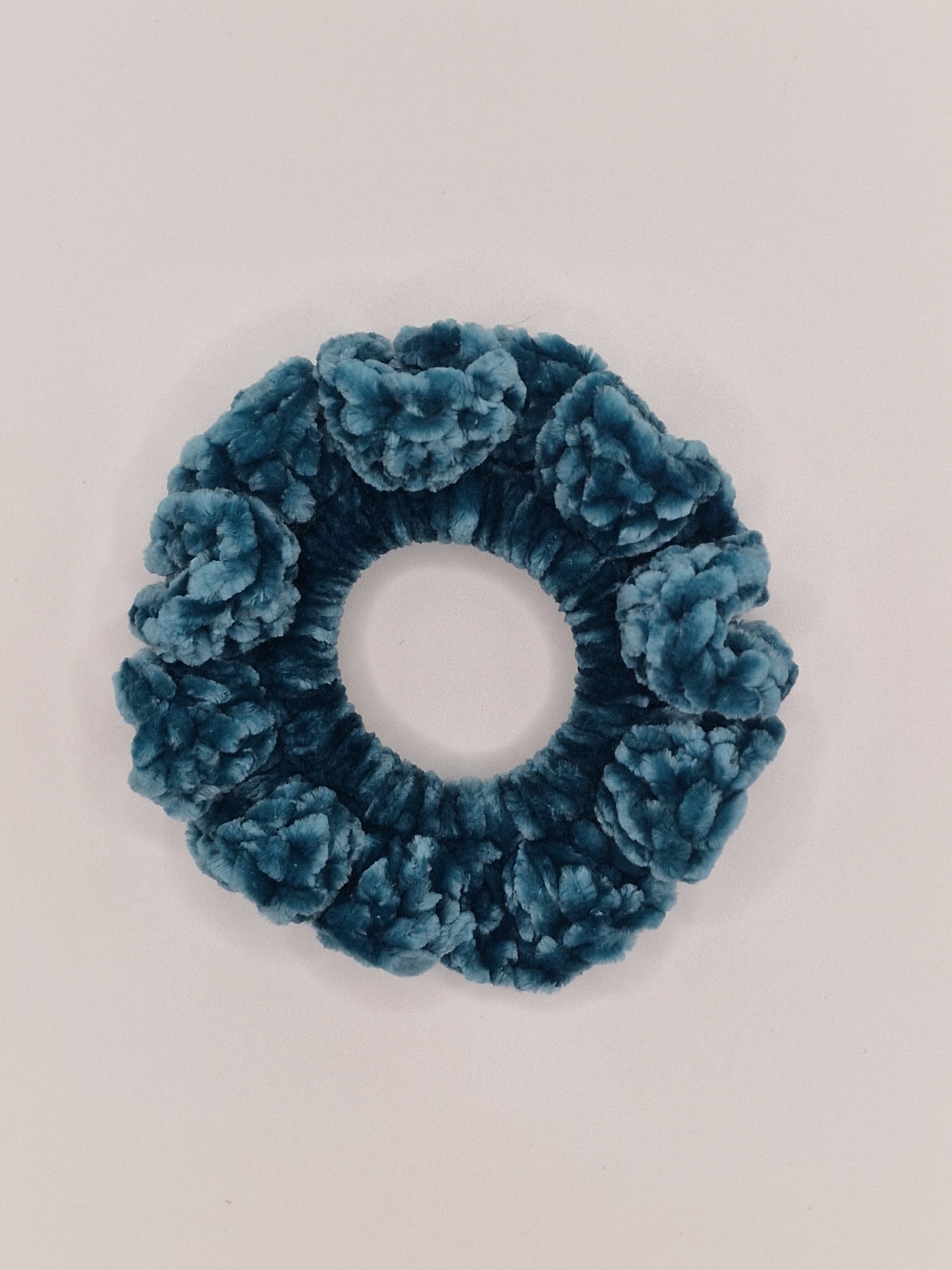 Crochet Velvet Scrunchie: Bernat Velvet Yarn, Pine Hair Tie