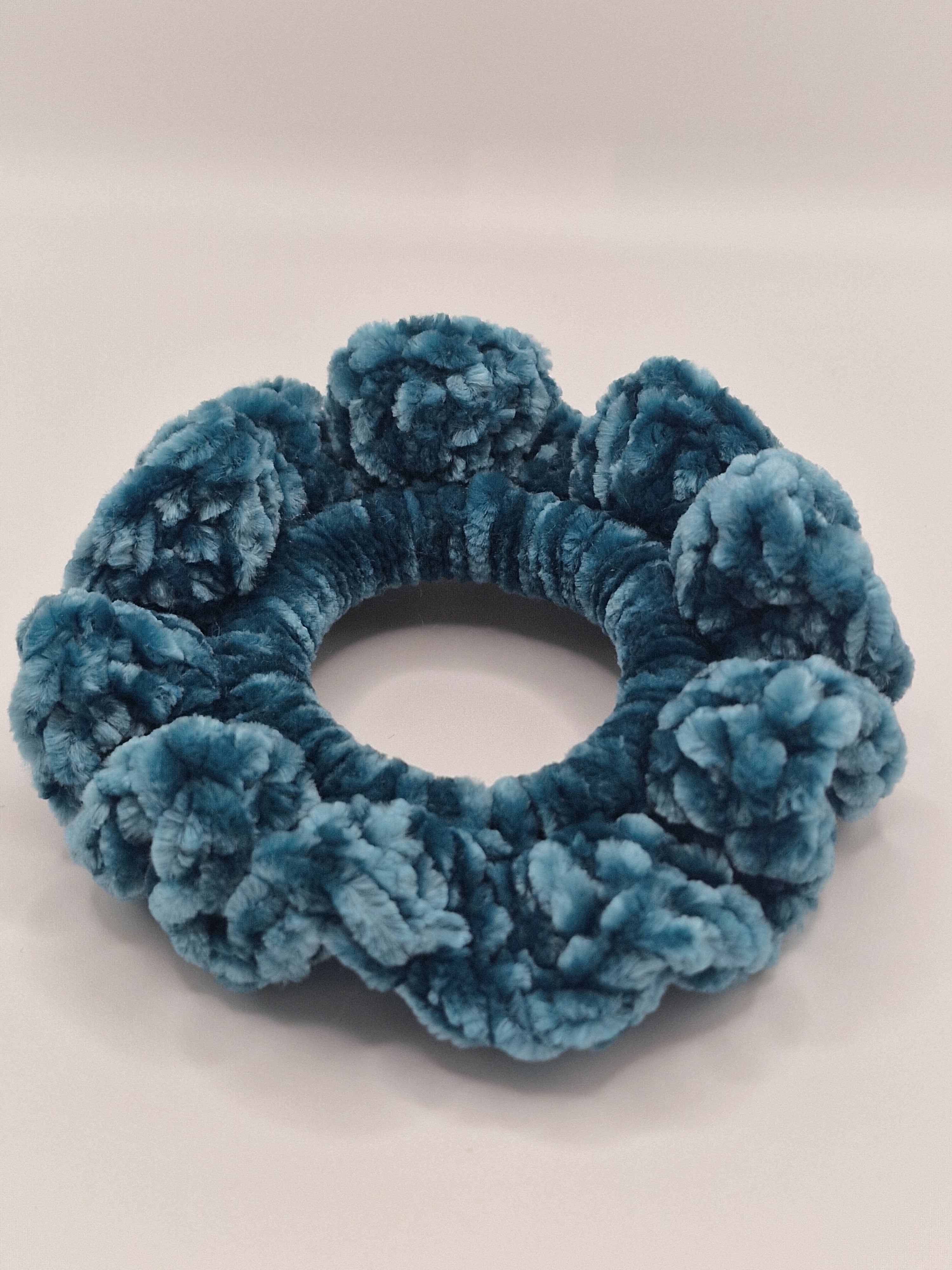 Crochet Velvet Scrunchie: Bernat Velvet Yarn, Pine Hair Tie