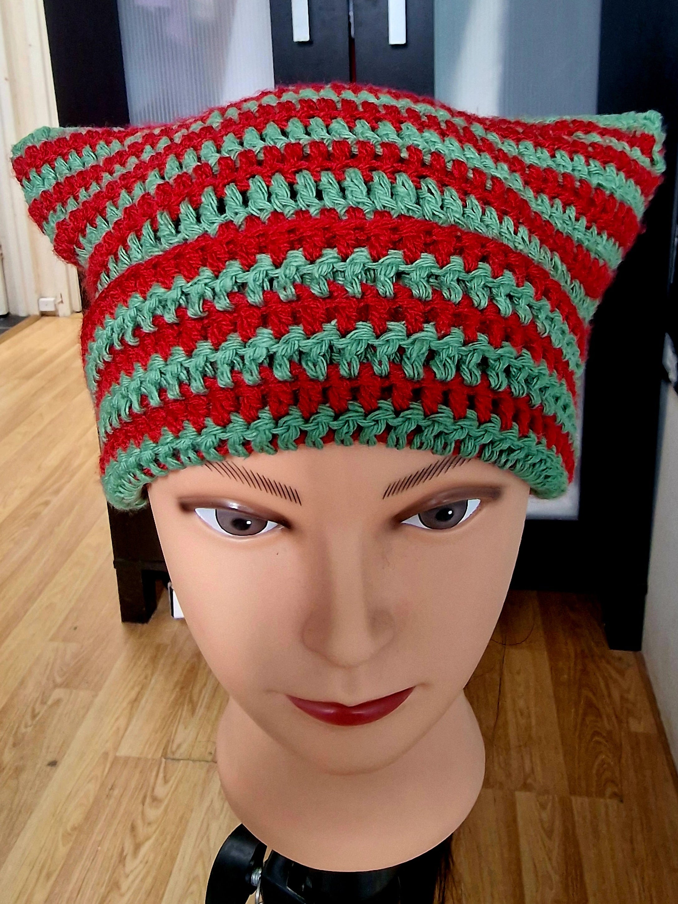 Crochet Striped Cat Ear Beanie: Oversized Kitty Hat