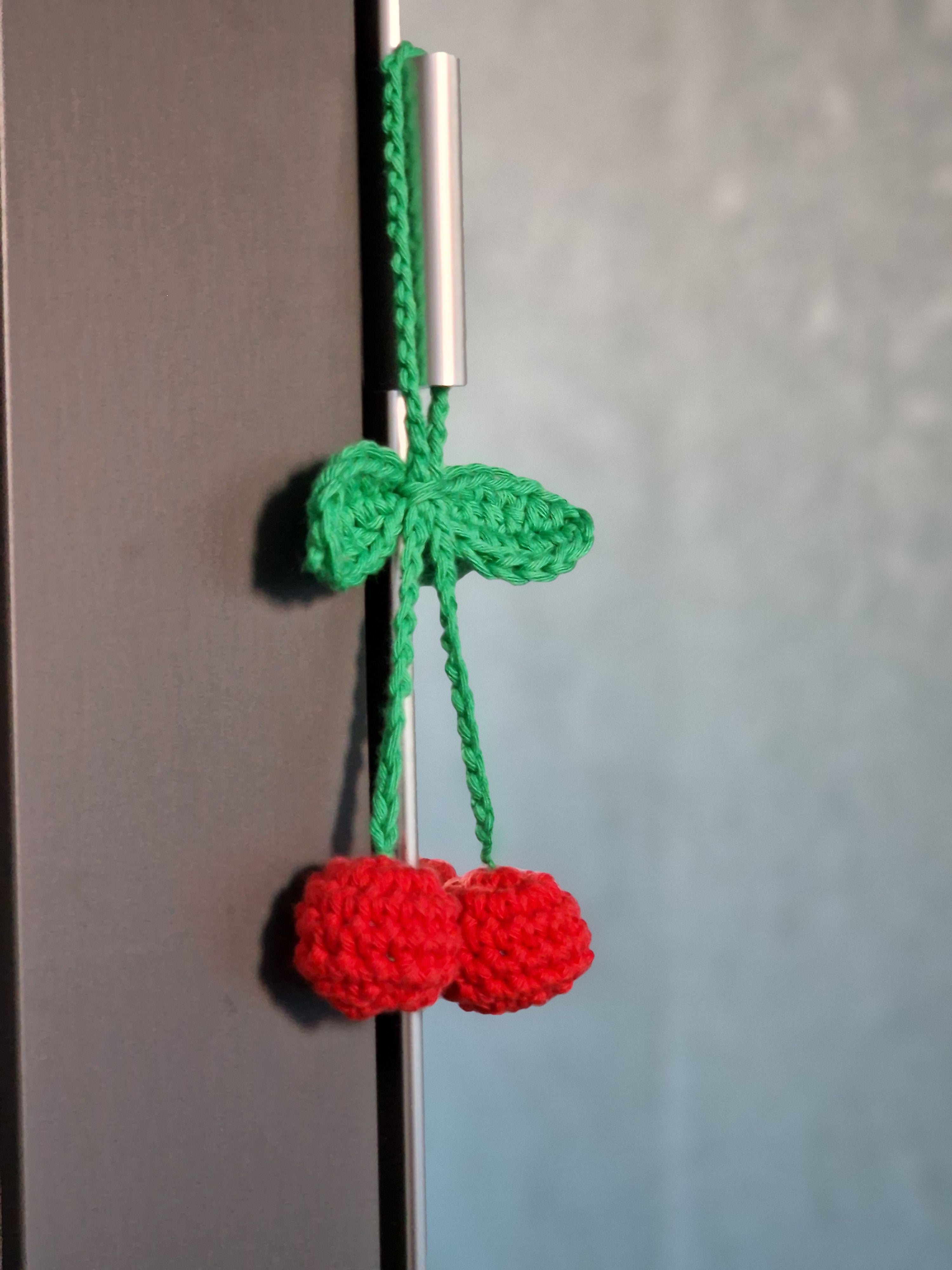 Crochet Cherry Car Mirror Charm: Handmade Cotton Hanging Decor