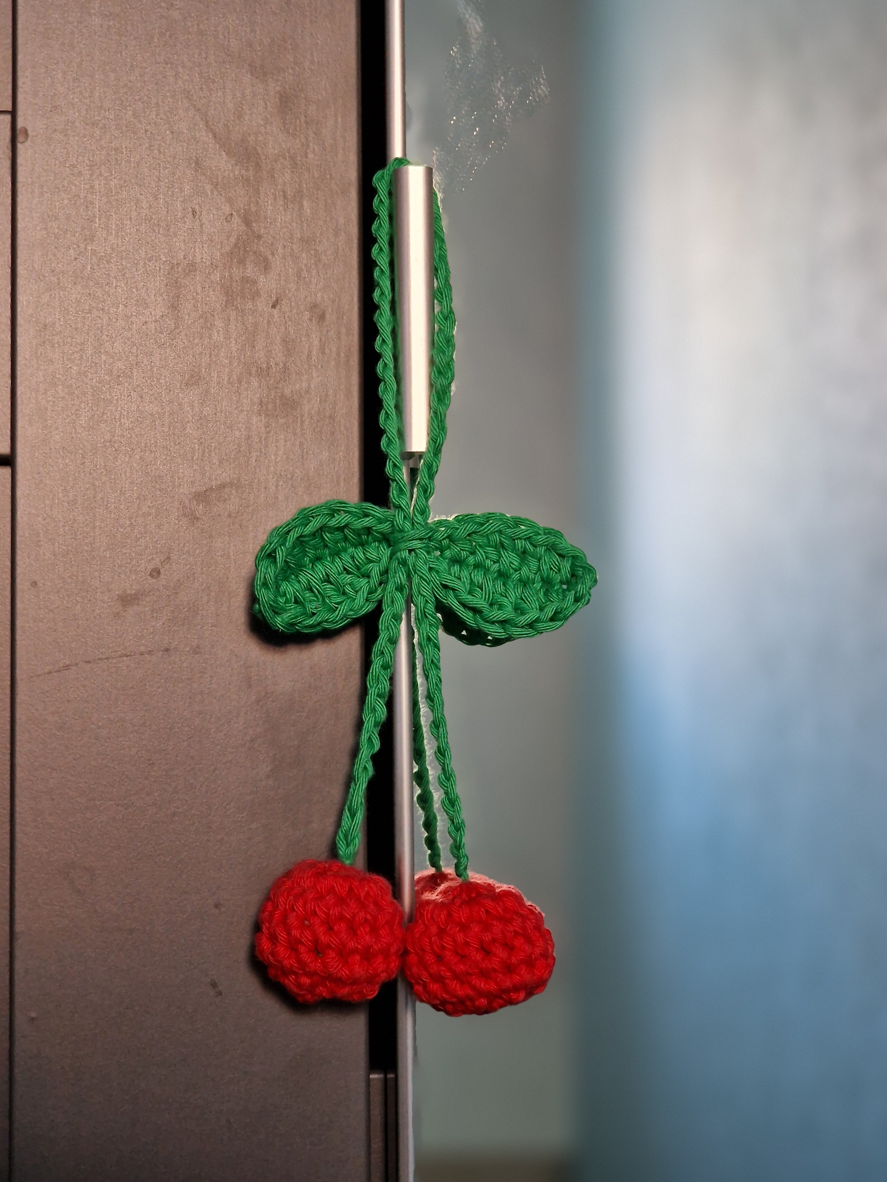 Crochet Cherry Car Mirror Charm: Handmade Cotton Hanging Decor