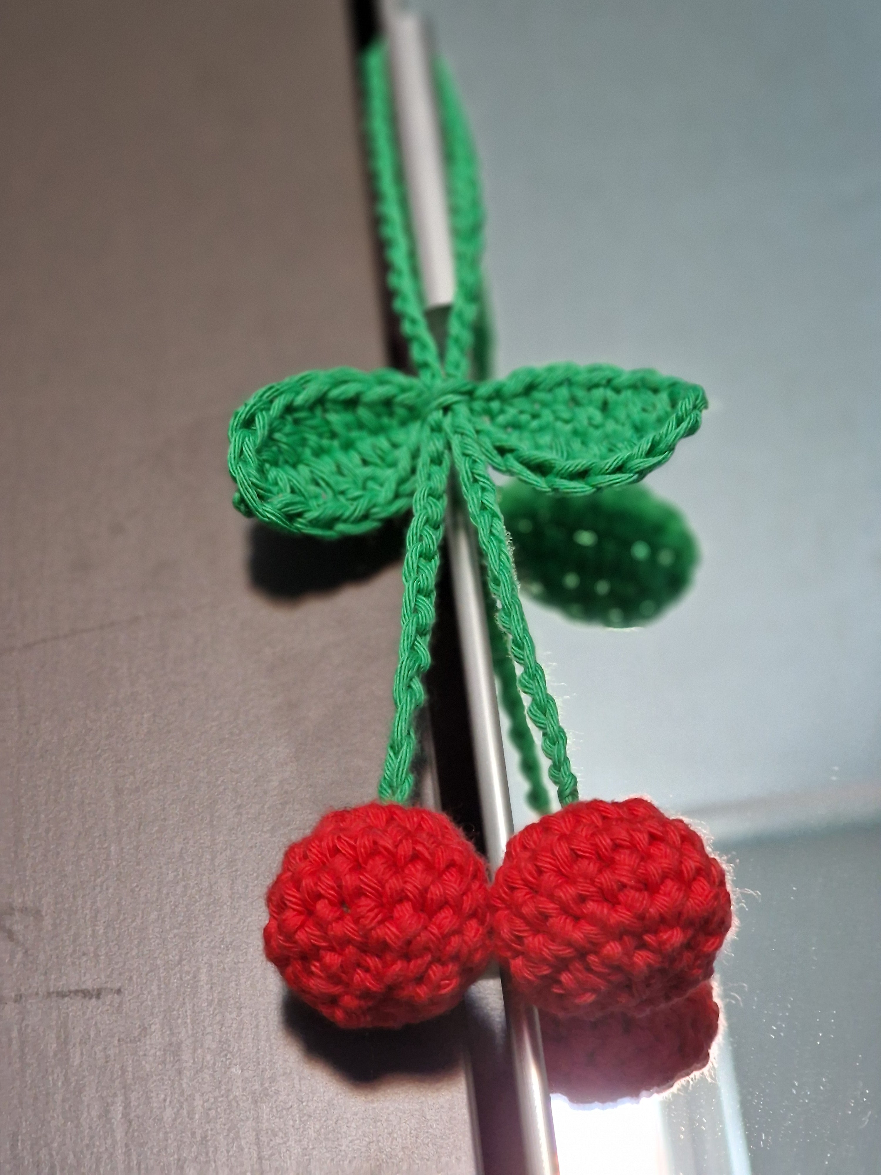 Crochet Cherry Car Mirror Charm: Handmade Cotton Hanging Decor