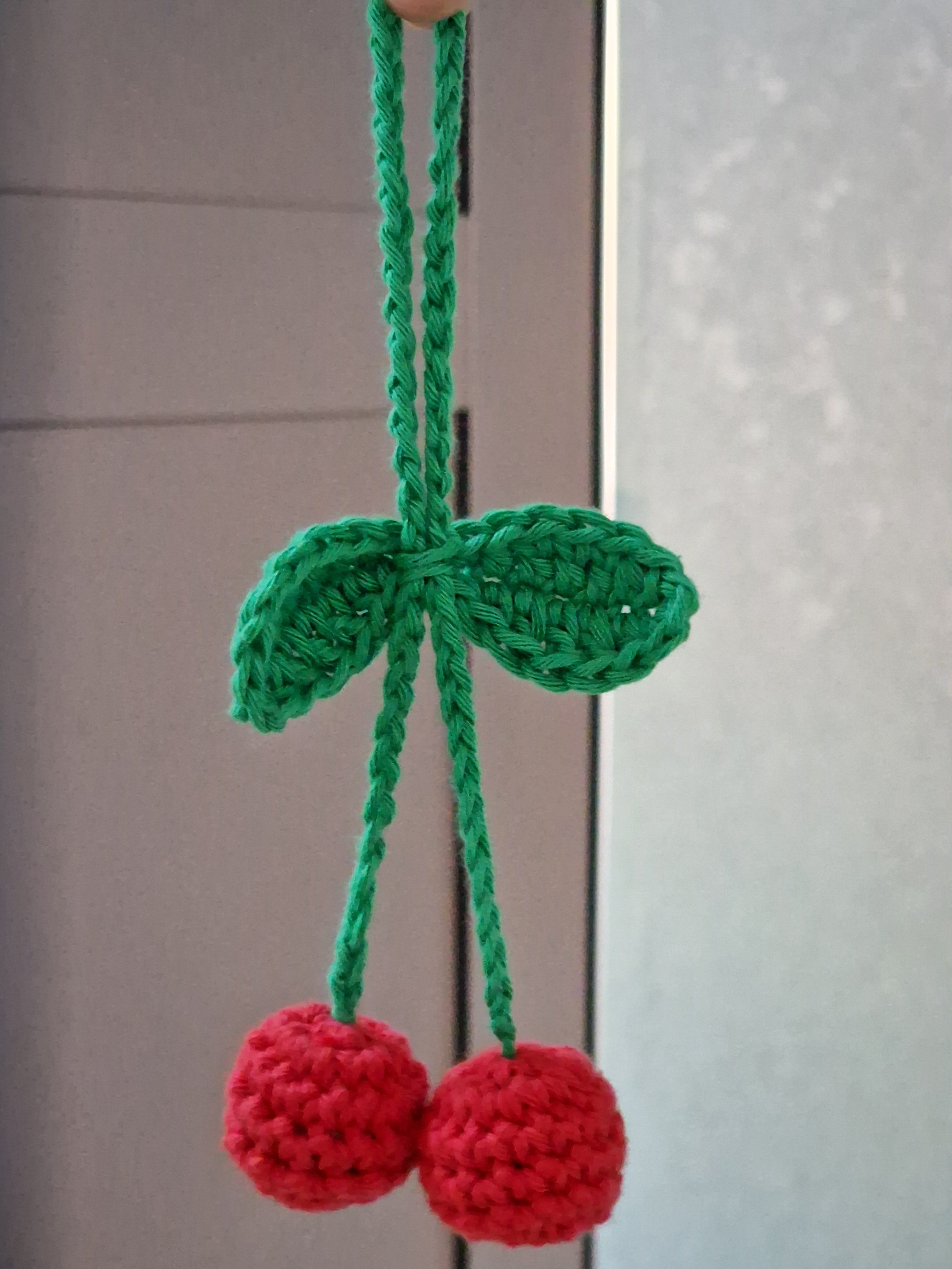 Crochet Cherry Car Mirror Charm: Handmade Cotton Hanging Decor